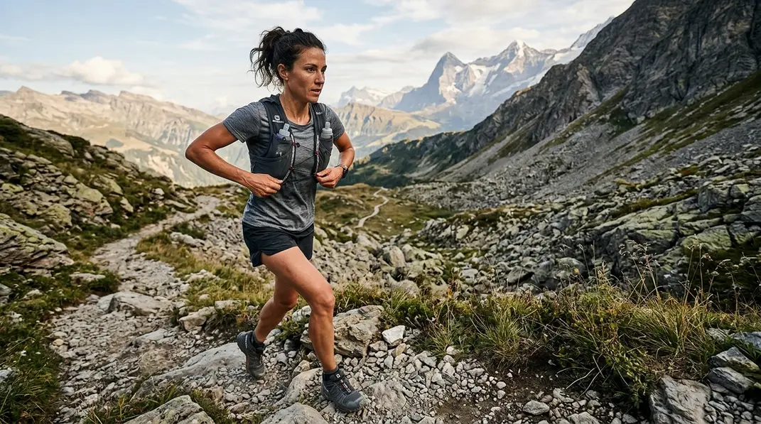 Trailrunnerin justiert die Brustgurte ihrer Laufweste auf einem Bergpfad.