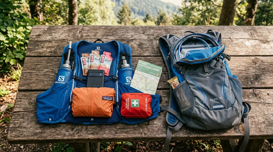 Geöffnete Laufweste mit Softflasks, Gels und Windjacke neben einem Laufrucksack mit Trinkblase.