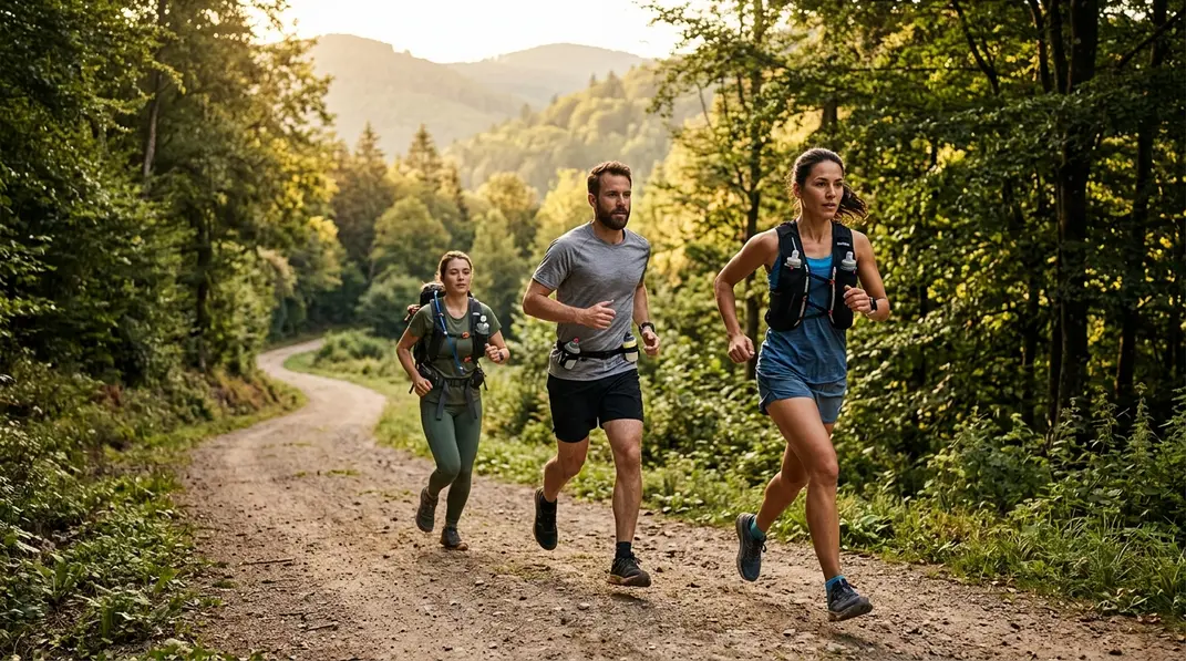 Drei Trailrunner mit Trinkgürtel, Laufweste und Laufrucksack auf einem Waldweg.