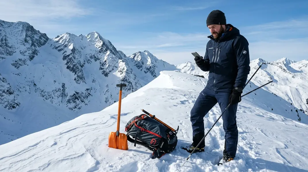 Bergsportler prüft Lawinenlagebericht und Sicherheitsausrüstung im verschneiten Gelände.