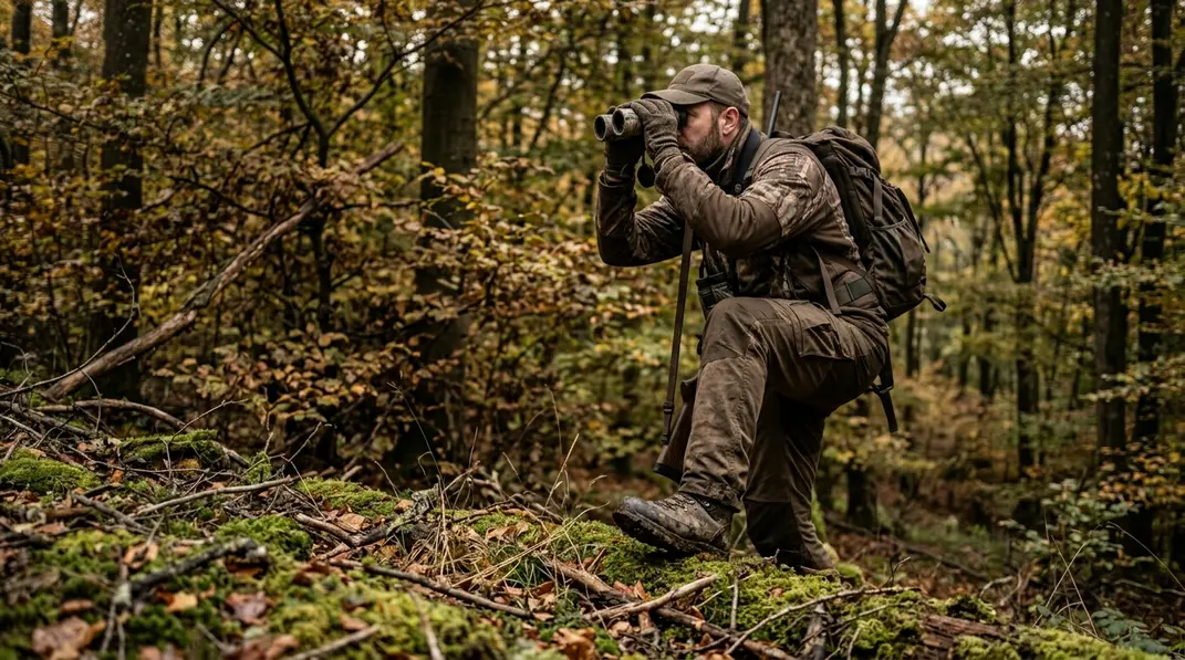 Jäger bewegt sich leise über moosigen Waldboden und beobachtet das Gelände.