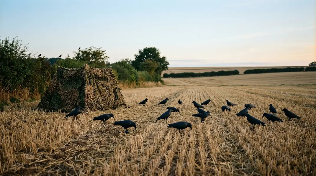 Tarnschirm und Lockkrähen auf einem Stoppelacker für die Krähenjagd Lockjagd.