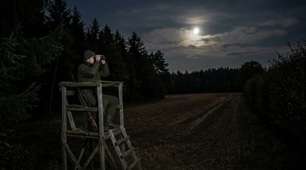 Jäger auf einem Ansitz prüft bei Mondlicht ein Feld vor dem dunklen Waldrand.