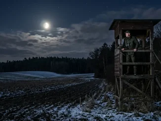 Jäger bei der Nachtjagd auf Schwarzwild auf einem Hochsitz über einem mondhellen Feld.