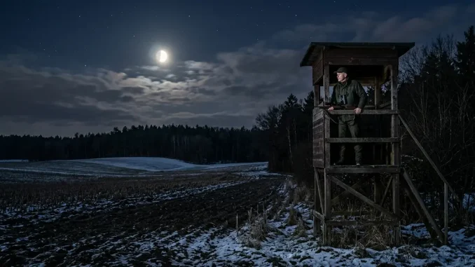 Jäger bei der Nachtjagd auf Schwarzwild auf einem Hochsitz über einem mondhellen Feld.