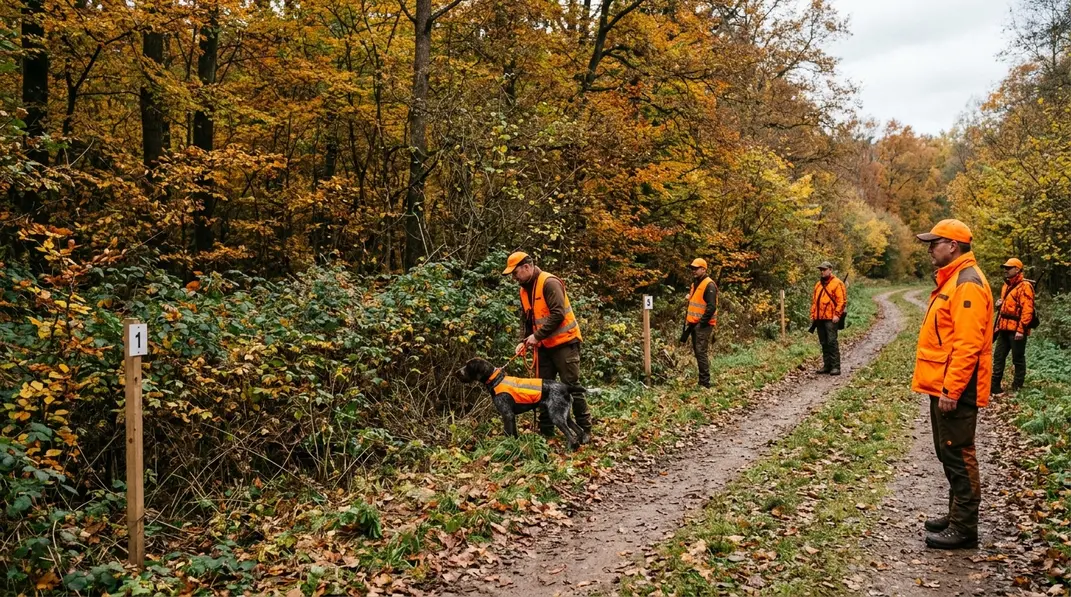 Jäger und ein Hundeführer koordinieren den Einsatz eines Hundes am Rand einer dichten Walddeckung.