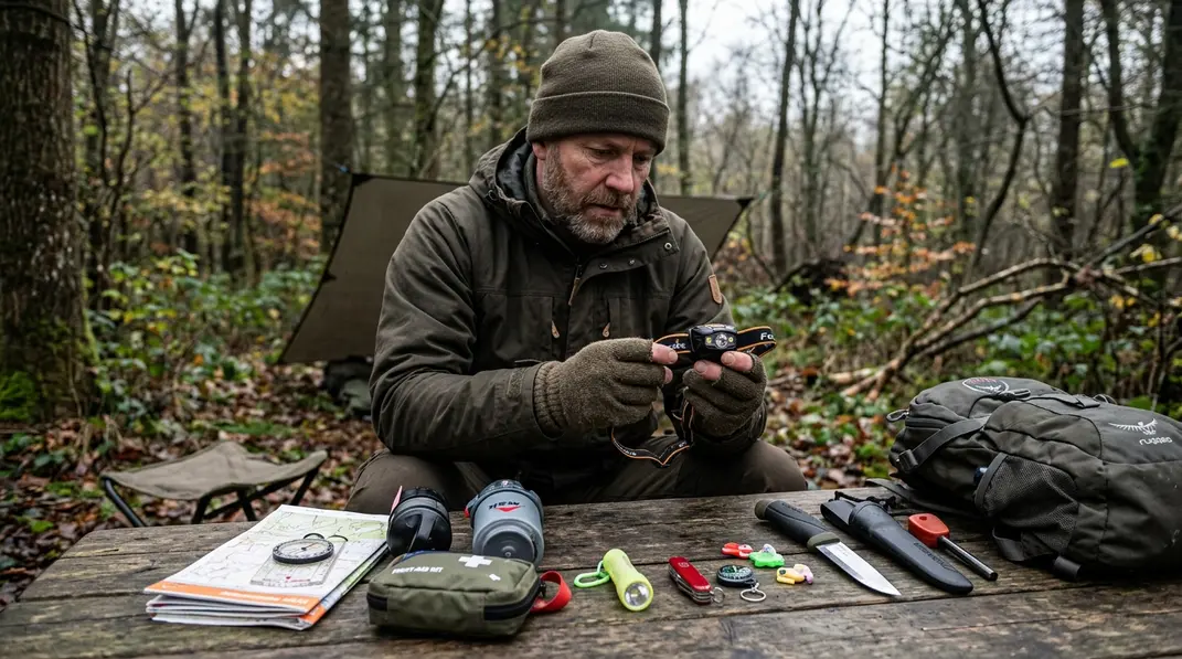 Outdoor-Fan vergleicht kleine Survival-Gadgets mit Wasserfilter, Karte, Erste-Hilfe-Set und Stirnlampe.