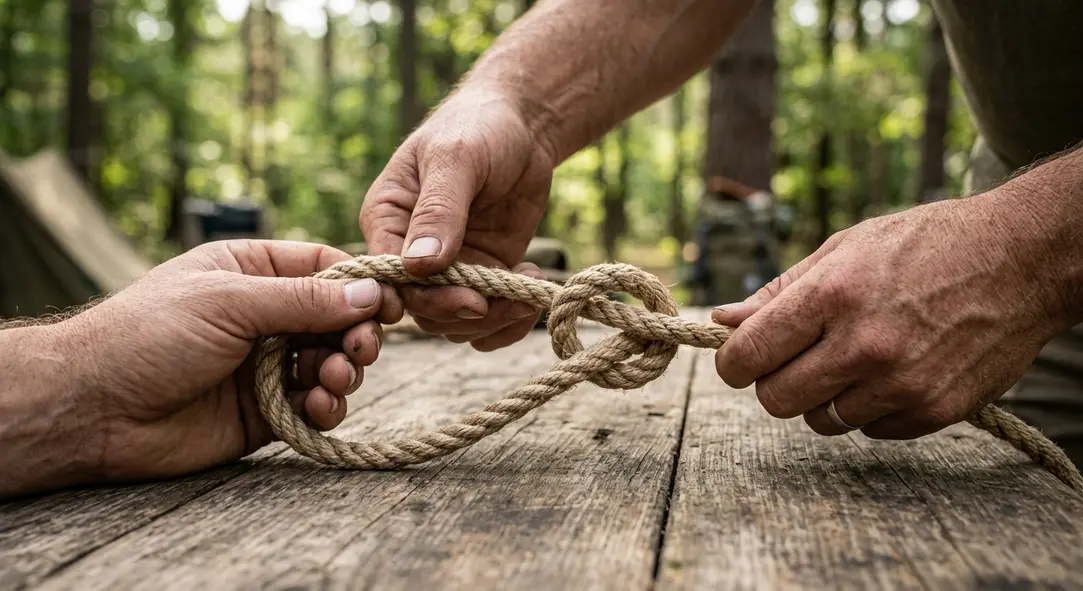 Hände binden einen Palstek Knoten aus heller geflochtener Leine auf einem Holztisch.