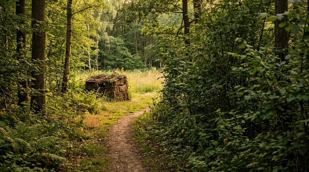 Pirschweg führt zu einem getarnten Ansitzschirm an einer Waldlichtung.