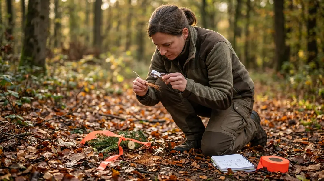 Jägerin sichert Pirschzeichen am Anschuss auf feuchtem Waldboden.