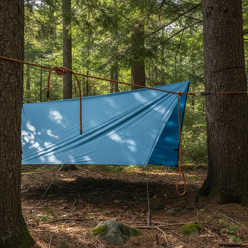 Prusikschlaufe klemmt an einer gespannten Ridgeline unter einem Tarp.