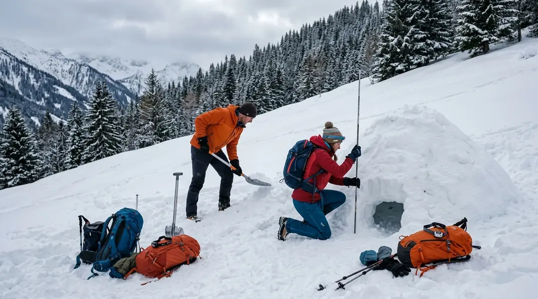 Zwei Personen bauen einen verdichteten Schneeschutzraum für ein Biwak im Winter.