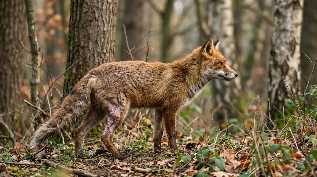 Rotfuchs mit struppigem Fell und kahlen, verkrusteten Hautstellen am Hinterkörper.