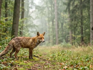 Ein räudiger Fuchs mit struppigem Fell steht auf einer Waldlichtung, während ein Jäger ihn aus sicherer Entfernung beobachtet.