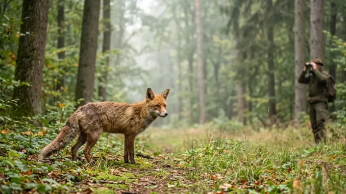 Ein räudiger Fuchs mit struppigem Fell steht auf einer Waldlichtung, während ein Jäger ihn aus sicherer Entfernung beobachtet.