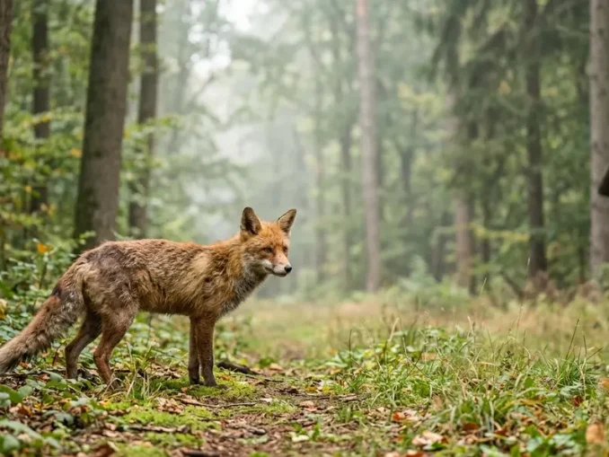 Ein räudiger Fuchs mit struppigem Fell steht auf einer Waldlichtung, während ein Jäger ihn aus sicherer Entfernung beobachtet.