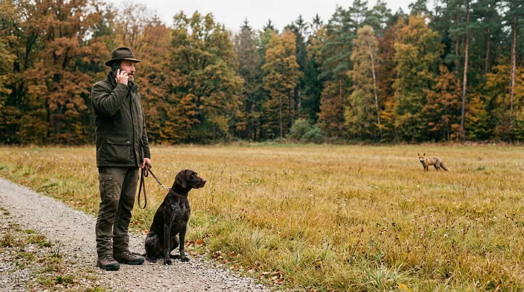 Jäger mit angeleintem Hund meldet einen räudigen Fuchs aus sicherer Entfernung per Telefon.