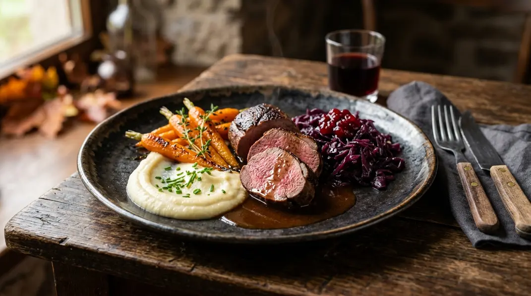 Rosa Rehrücken mit Selleriepüree, Rotkohl, glasierten Möhren, Preiselbeeren und Wildjus auf einem Teller.