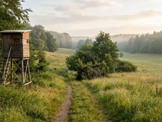 Kanzel, Ansitzschirm und Pirschweg zeigen Reviereinrichtungen im Überblick an einem Waldrand.