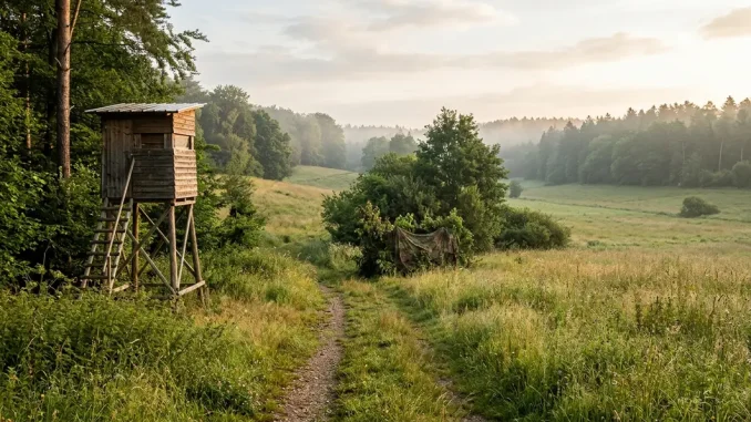 Kanzel, Ansitzschirm und Pirschweg zeigen Reviereinrichtungen im Überblick an einem Waldrand.