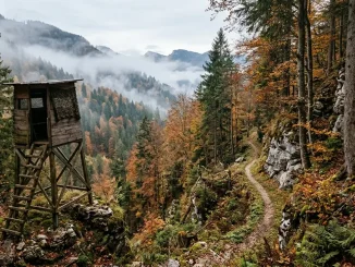 Ein Riegeljagd-Ablauf an einem schmalen Wildwechsel zwischen felsigen Hangkanten in einem herbstlichen Bergwald.