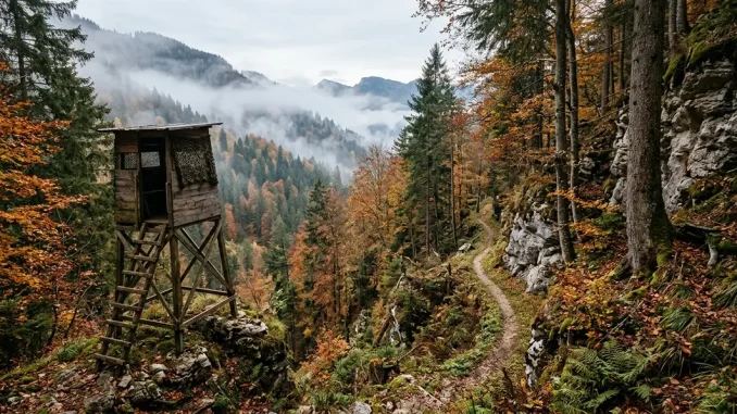 Ein Riegeljagd-Ablauf an einem schmalen Wildwechsel zwischen felsigen Hangkanten in einem herbstlichen Bergwald.