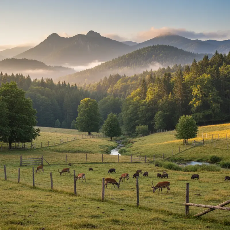 Rothirsch auf einer Waldwiese in einem Schutzgebiet.