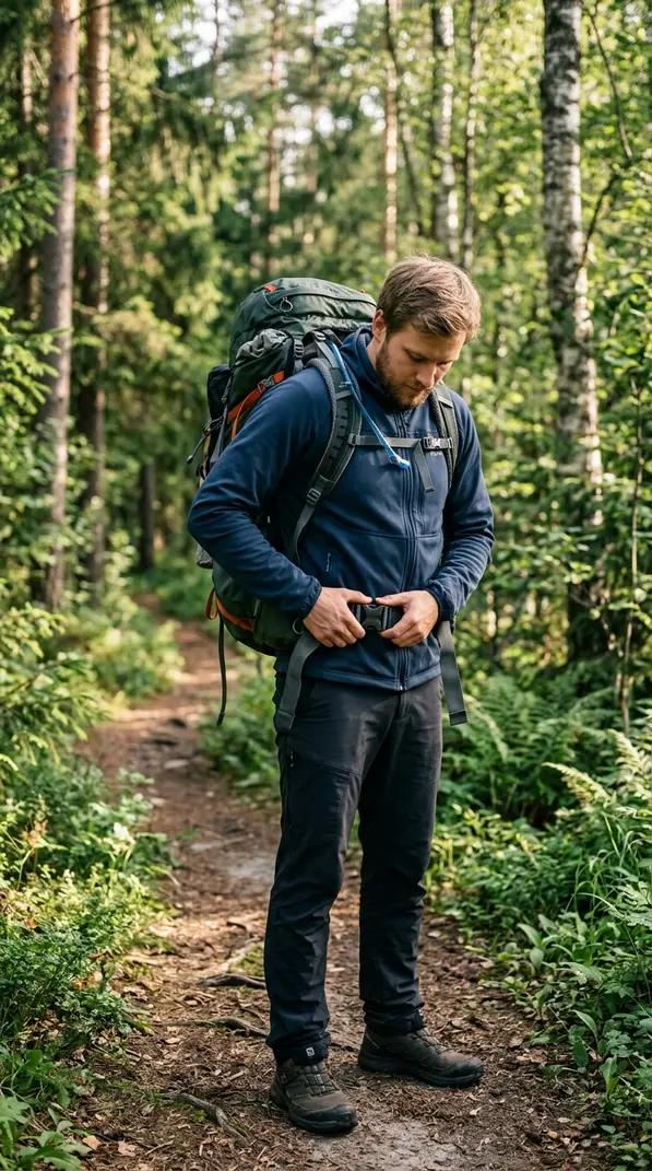 Wanderer stellt den Hüftgurt und die Schulterriemen eines Trekkingrucksacks ein.