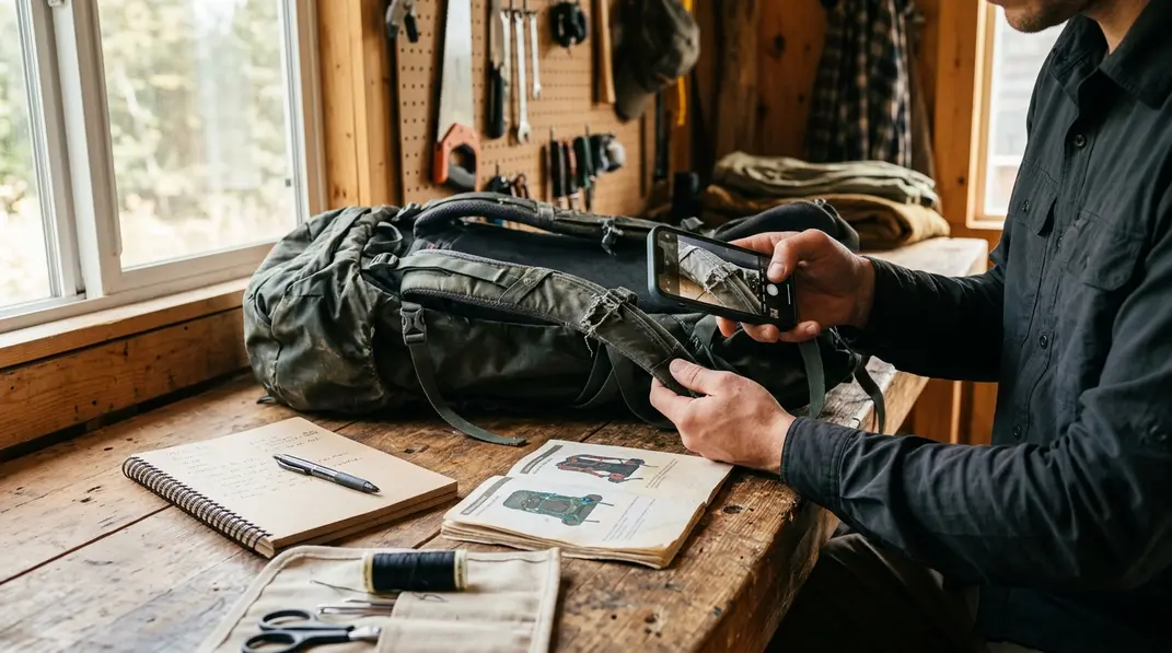 Person dokumentiert einen beschädigten Rucksackriemen für den Reparaturservice.