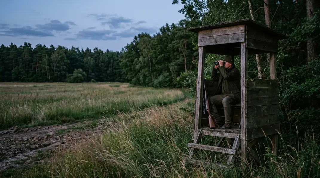 Ruhiger Jäger auf einem Hochsitz beobachtet eine Wiese mit sicherem Erdhintergrund.