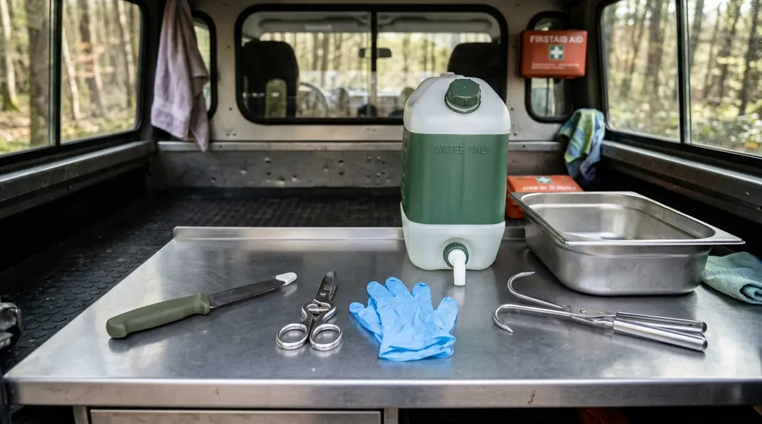 Sauberes Werkzeug, Handschuhe und Wasserkanister für das Aufbrechen von Wild.