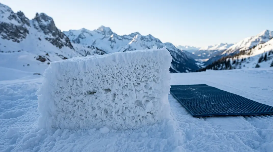 Nahaufnahme porösen Schnees neben einer Isomatte bei einem Biwak im Winter.