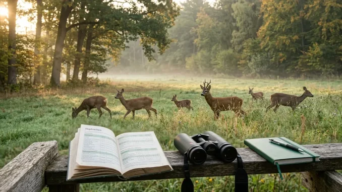 Rehwild am morgendlichen Waldrand neben Jagdzeitenunterlagen zu Schonzeiten beim Rehwild.