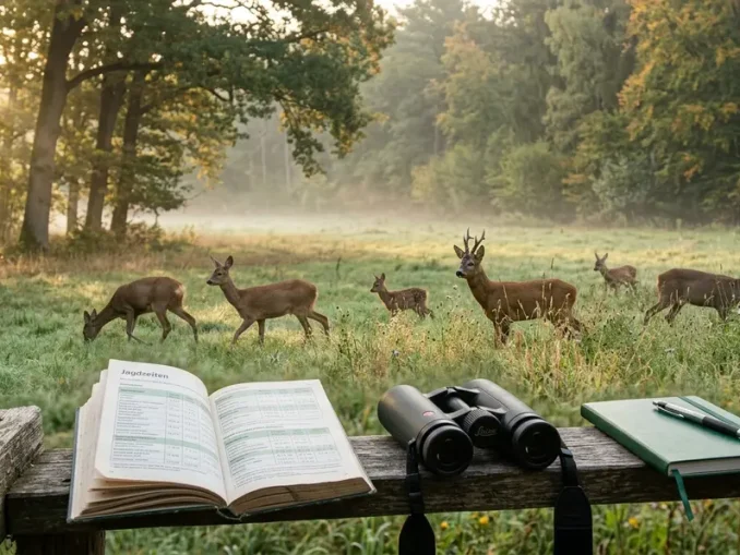 Rehwild am morgendlichen Waldrand neben Jagdzeitenunterlagen zu Schonzeiten beim Rehwild.