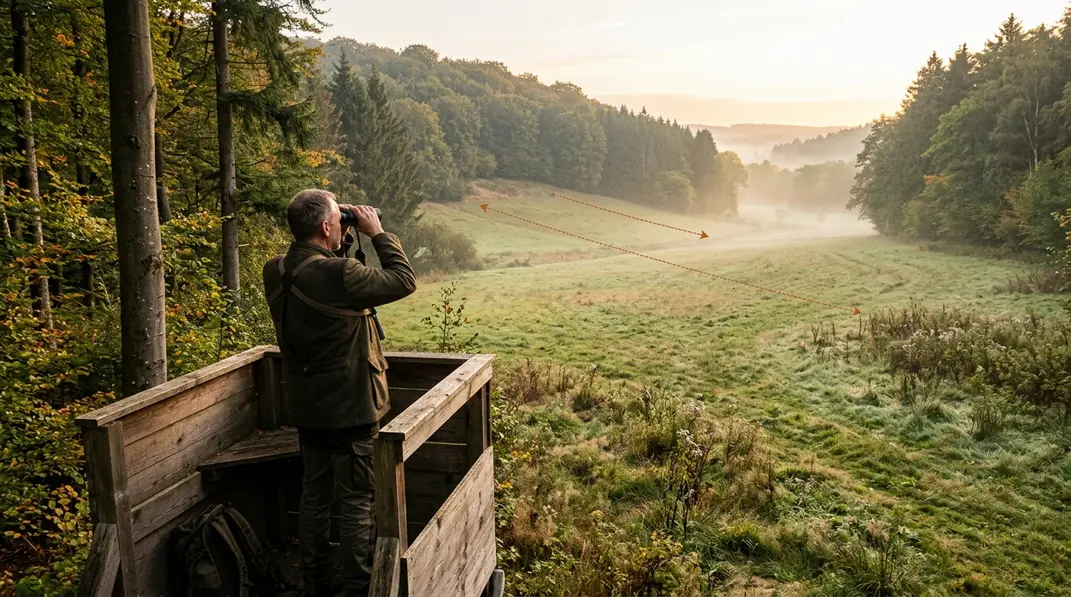 Jäger prüft vom Hochsitz das Schussfeld am Ansitz mit ansteigendem Gelände als Kugelfang.