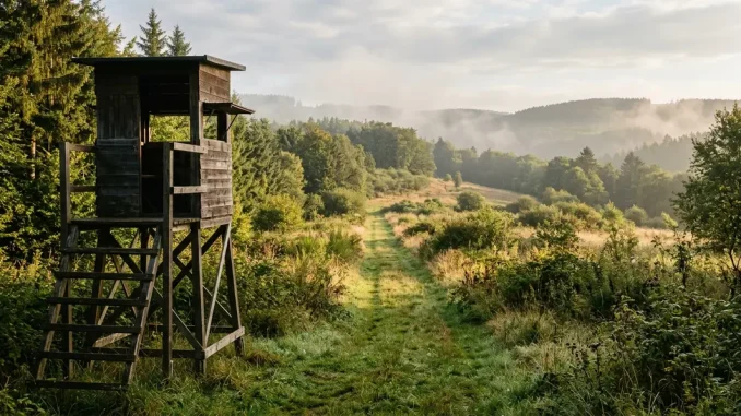 Hochsitz mit sicherem Schussfeld am Ansitz vor einem ansteigenden Hang als Kugelfang.