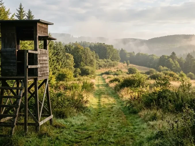 Hochsitz mit sicherem Schussfeld am Ansitz vor einem ansteigenden Hang als Kugelfang.