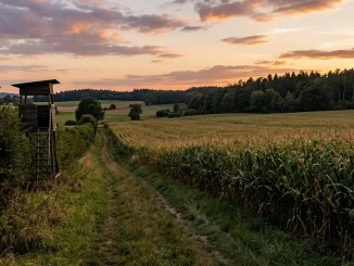Hochsitz an einem Maisfeldrand für die Jagd auf Schwarzwild im Mais.