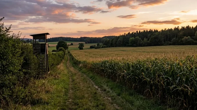 Hochsitz an einem Maisfeldrand für die Jagd auf Schwarzwild im Mais.