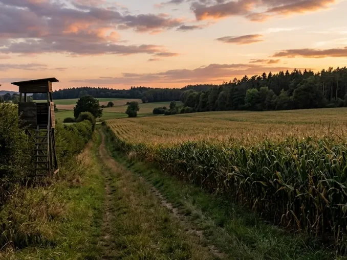 Hochsitz an einem Maisfeldrand für die Jagd auf Schwarzwild im Mais.