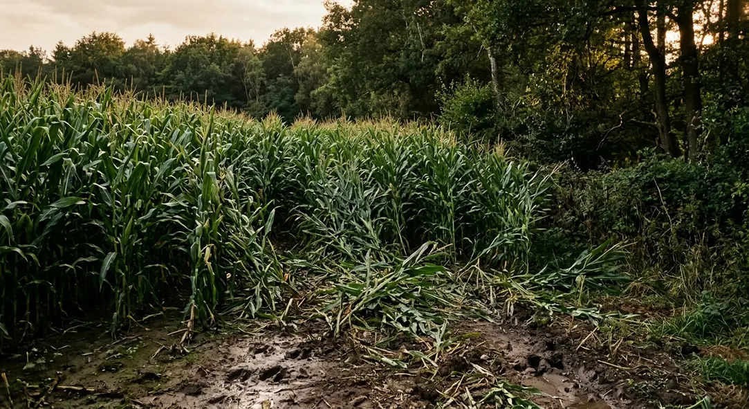 Eingedrückte Maisreihen und Trittsiegel am Rand eines dichten Maisfeldes.