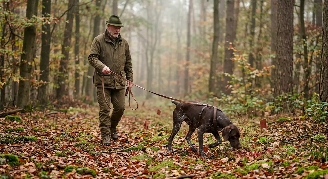 Jagdhund arbeitet während einer Brauchbarkeitsprüfung konzentriert auf einer Schweißfährte.