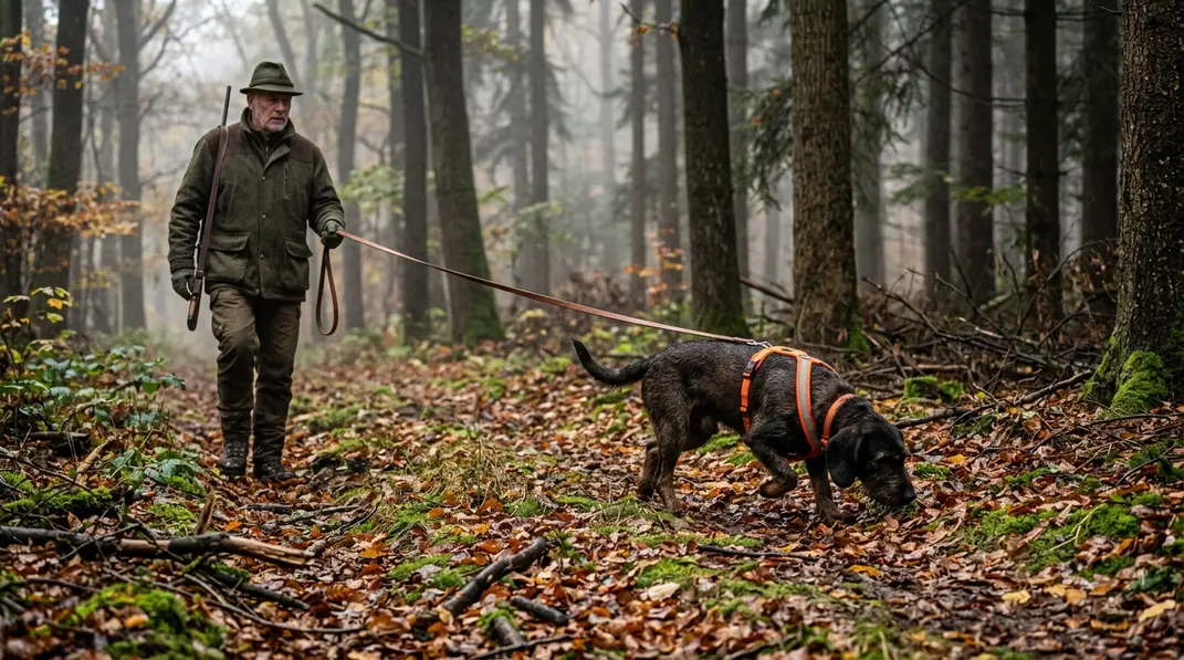 Ein Jagdhund arbeitet bei der Schweißarbeit konzentriert mit tiefer Nase an einem langen Riemen im Wald.