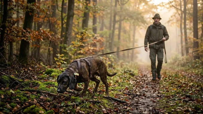 Ein Jagdhund bei der Schweißarbeit sucht am Riemen konzentriert auf einem nebligen Waldweg.