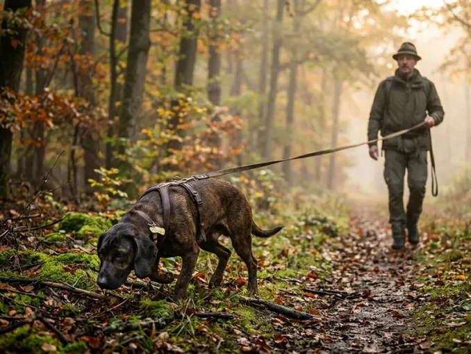 Ein Jagdhund bei der Schweißarbeit sucht am Riemen konzentriert auf einem nebligen Waldweg.