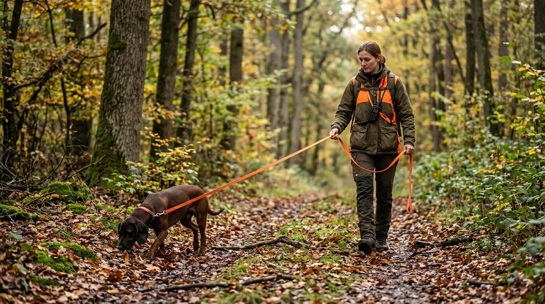 Jägerin führt einen Schweißhund am langen Riemen bei einer konzentrierten Fährtenübung im Wald.