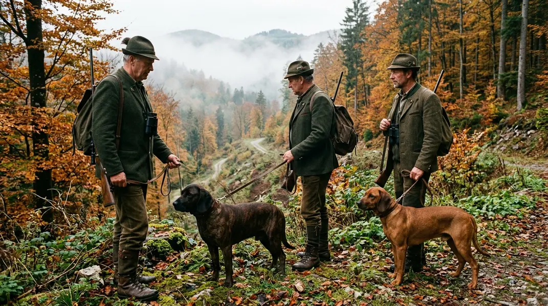 Zwei Schweißhunde mit ihren Führern im nebligen Bergwald.