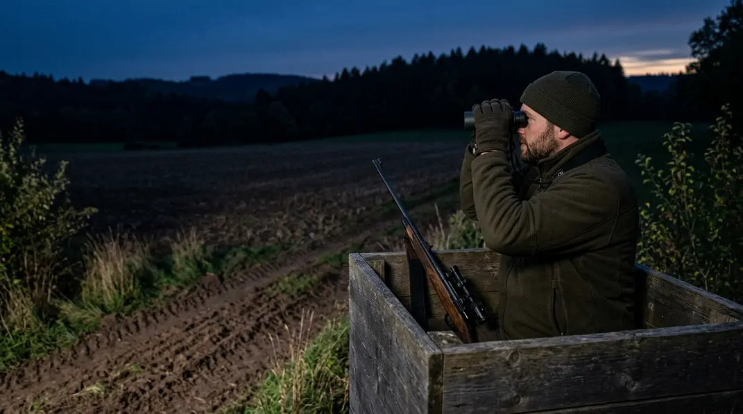 Jäger verzichtet in der Dunkelheit auf einen Schuss und beobachtet das Schussfeld.
