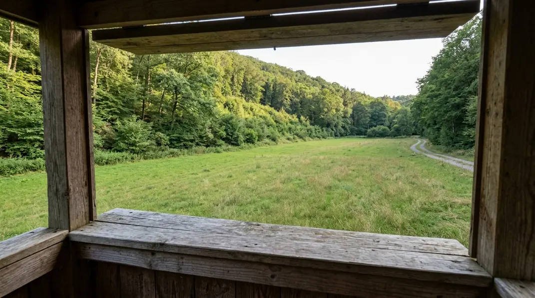 Blick aus einer Kanzel auf eine Wildwiese mit bewaldetem Hang als Kugelfang.