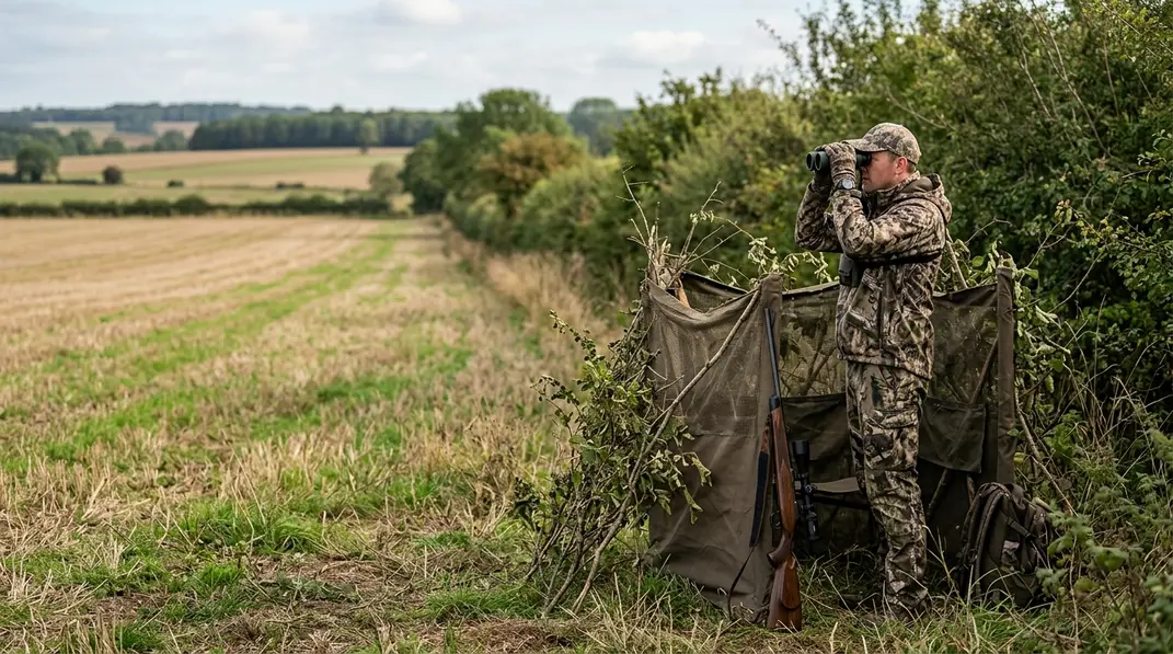 Jäger kontrolliert mit Fernglas ein freies Schussfeld am Feldrand.